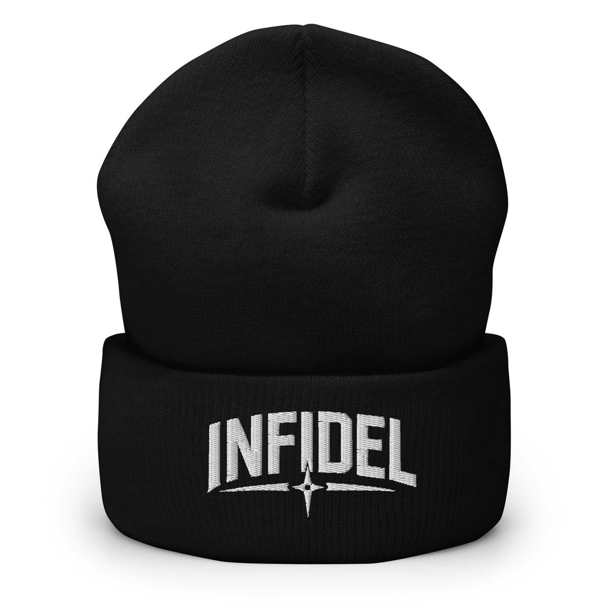 Black beanie with embroidered Infidel Spike design, front view