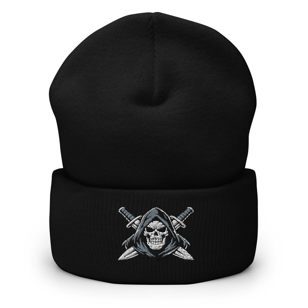 Black beanie with embroidered Only Fear Infidel reaper design, front view