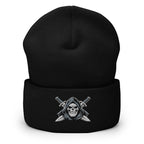Black beanie with embroidered Only Fear Infidel reaper design, front view
