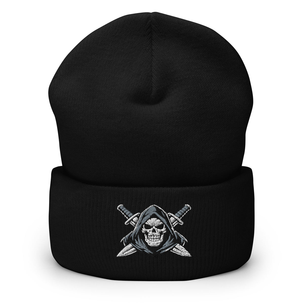 Black beanie with embroidered Only Fear Infidel reaper design, front view