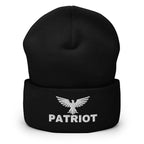 Black beanie with embroidered Patriot Eagle design, front view