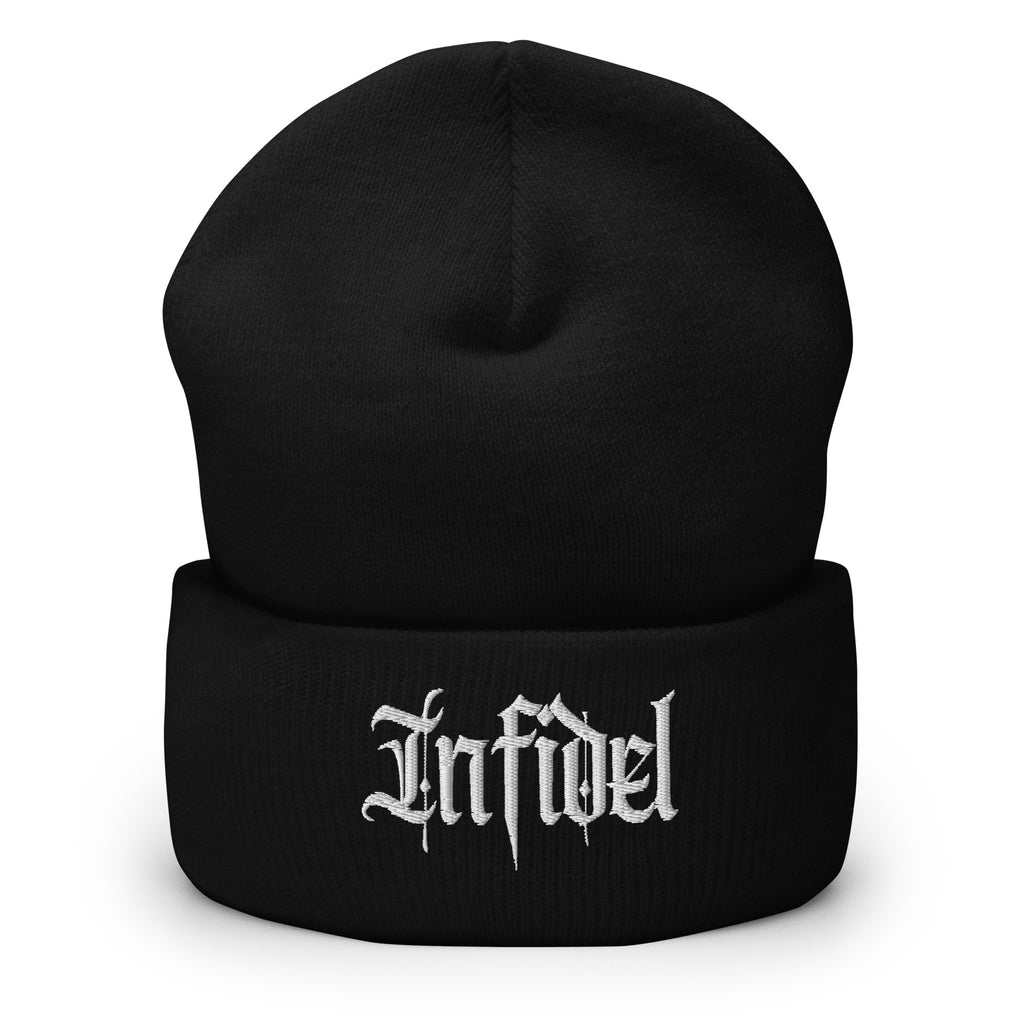 Black beanie with embroidered Infidel Script design, front view