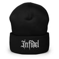 Black beanie with embroidered Infidel Script design, front view