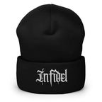 Black beanie with embroidered Infidel Script design, front view
