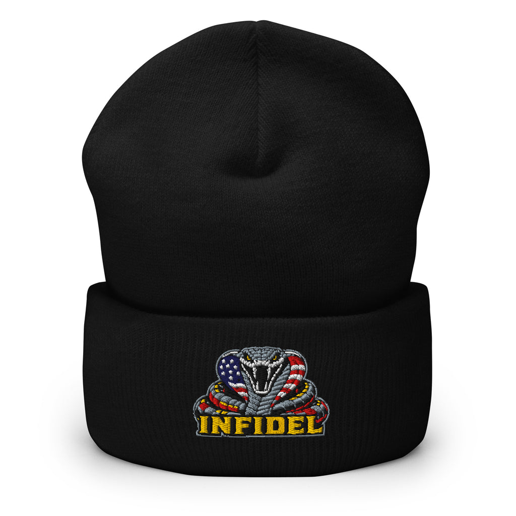 Black cuffed knit beanie with embroidered INFIDEL USA Flag Cobra front design, front view