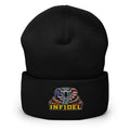 Black cuffed knit beanie with embroidered INFIDEL USA Flag Cobra front design, front view