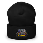 Black cuffed knit beanie with embroidered INFIDEL USA Flag Cobra front design, front view