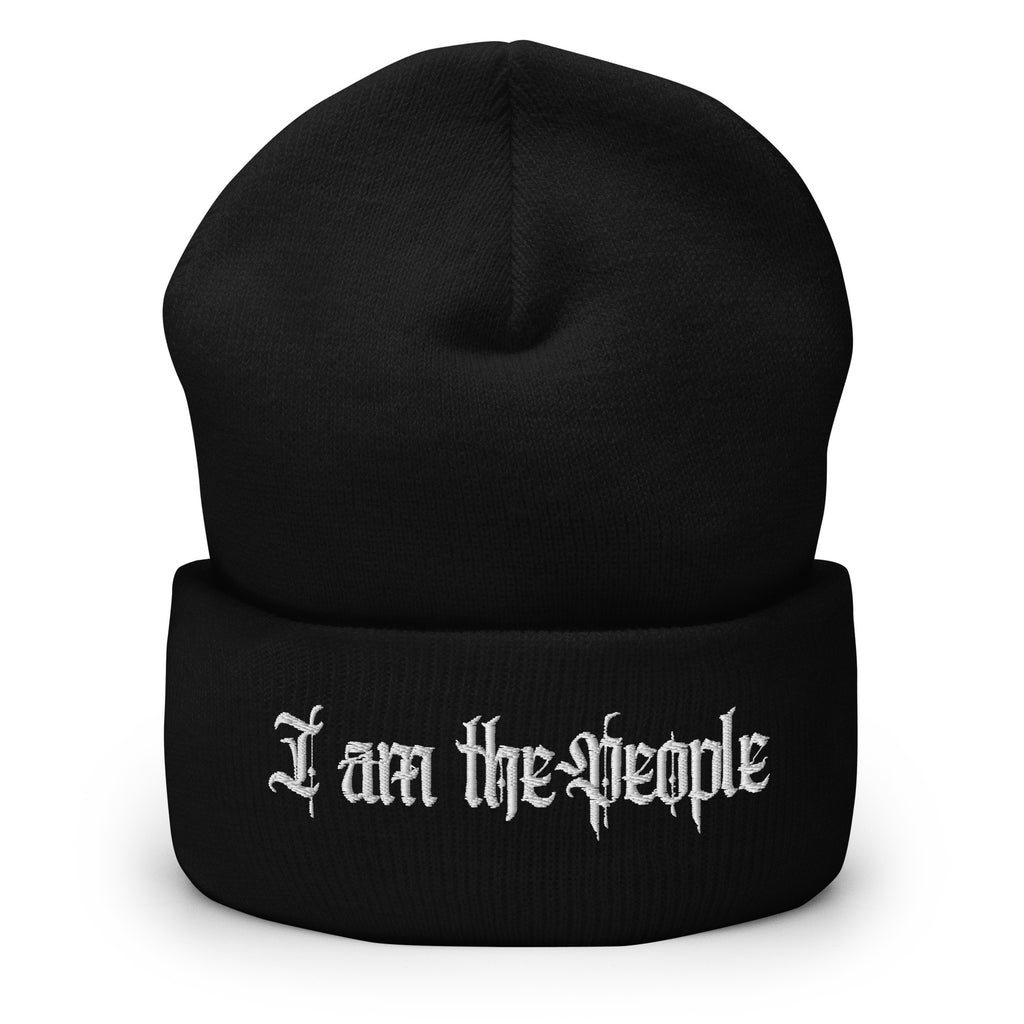 Black cuffed knit beanie with embroidered I Am the People front design, front view