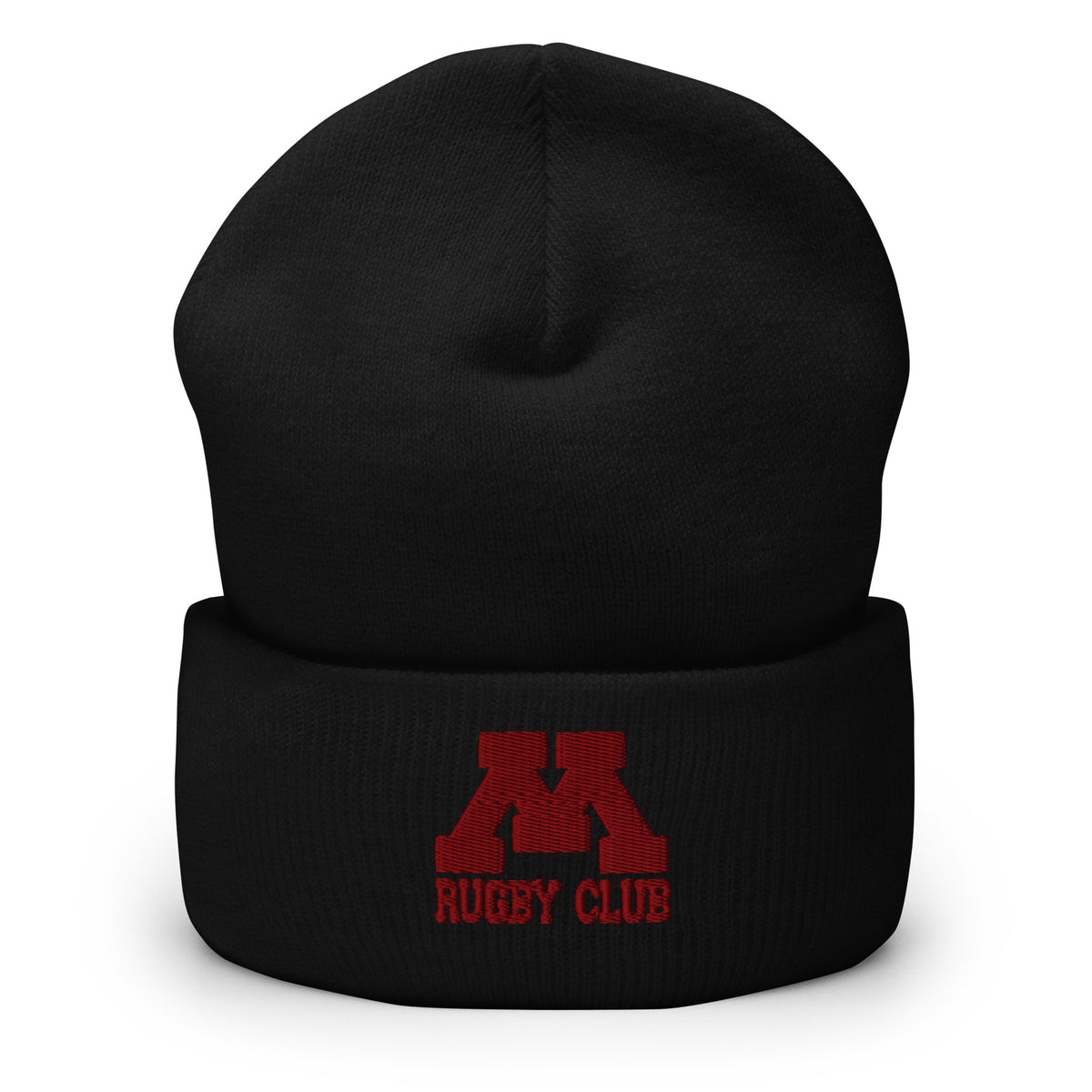 M Rugby Club black cuffed beanie, front view.