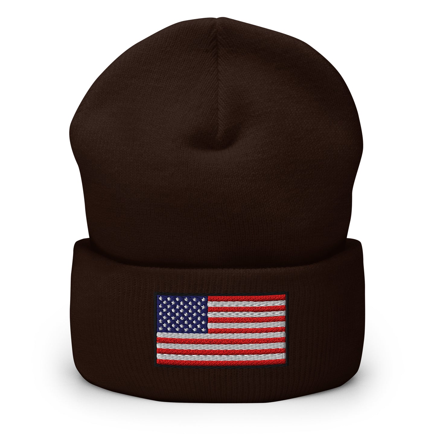 Patriotic Cuffed Beanie with the USA Flag (Old Glory) embroidered into the cuff of the beanie - available in 12 different colors - shown here in brown.