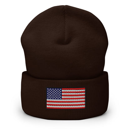 Patriotic Cuffed Beanie with the USA Flag (Old Glory) embroidered into the cuff of the beanie - available in 12 different colors - shown here in brown.