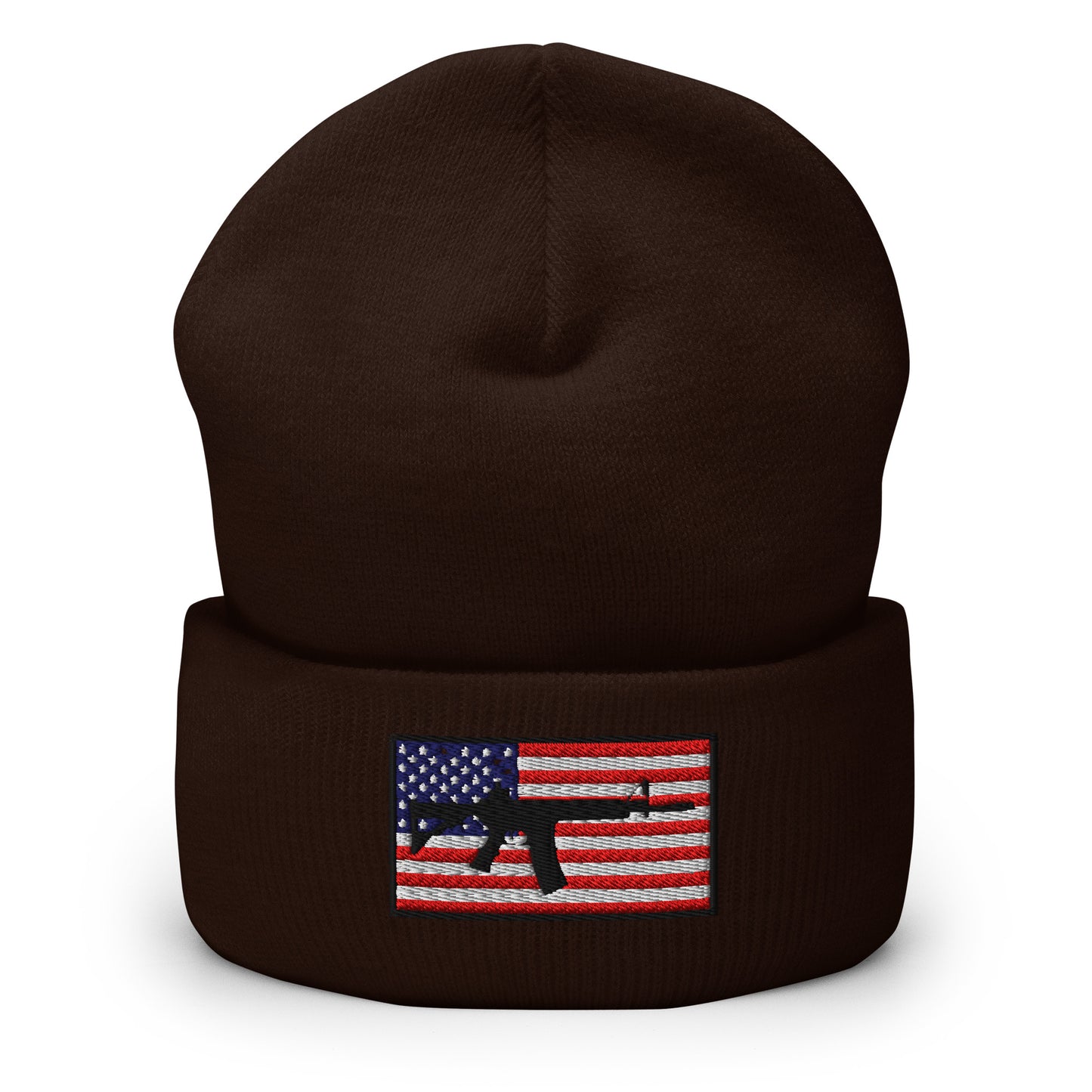 Patriotic AR-15 overlay on the USA Flag (Old Glory), embroidered on a Cuffed Beanie - available in 12 colors, shown here in brown.