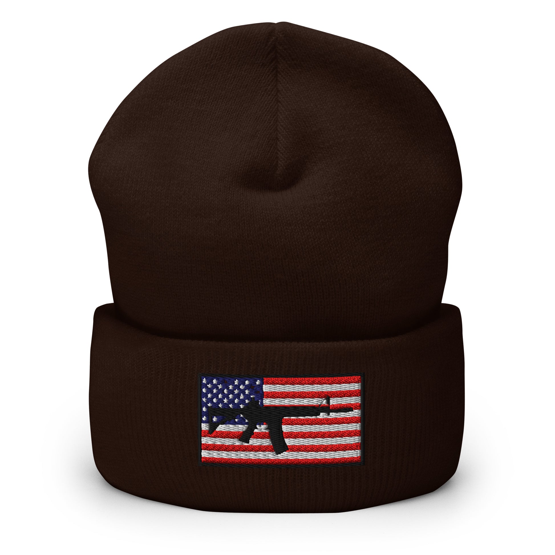 Patriotic AR-15 overlay on the USA Flag (Old Glory), embroidered on a Cuffed Beanie - available in 12 colors, shown here in brown.