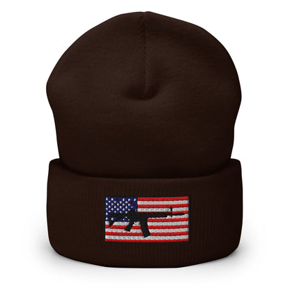 Patriotic AR-15 overlay on the USA Flag (Old Glory), embroidered on a Cuffed Beanie - available in 12 colors, shown here in brown.