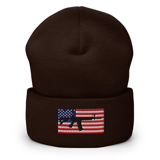 Patriotic AR-15 overlay on the USA Flag (Old Glory), embroidered on a Cuffed Beanie - available in 12 colors, shown here in brown.