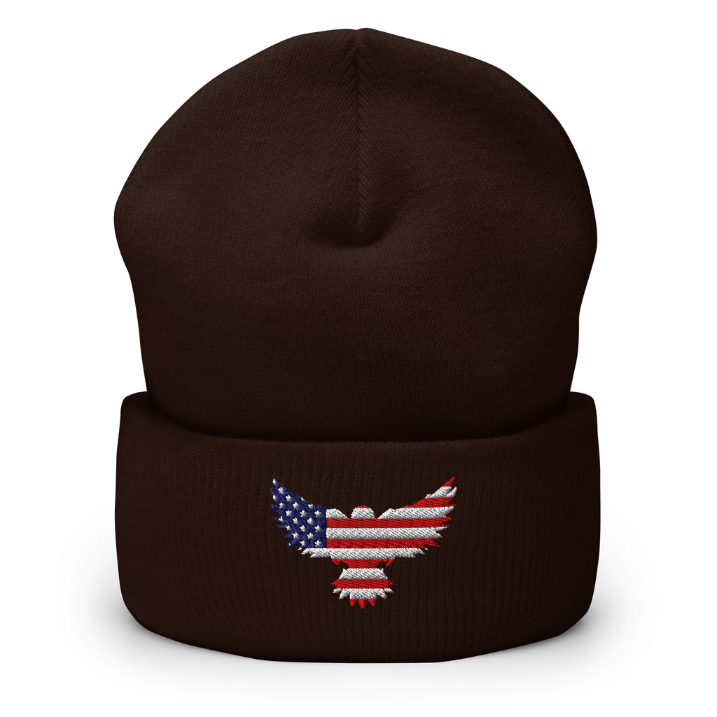 Patriotic Cuffed Beanie with USA Flag (Old Glory) Eagle embroidered into the cuff of the beanie - available in 12 different colors - shown here in brown.