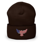 Patriotic Cuffed Beanie with USA Flag (Old Glory) Eagle embroidered into the cuff of the beanie - available in 12 different colors - shown here in brown.
