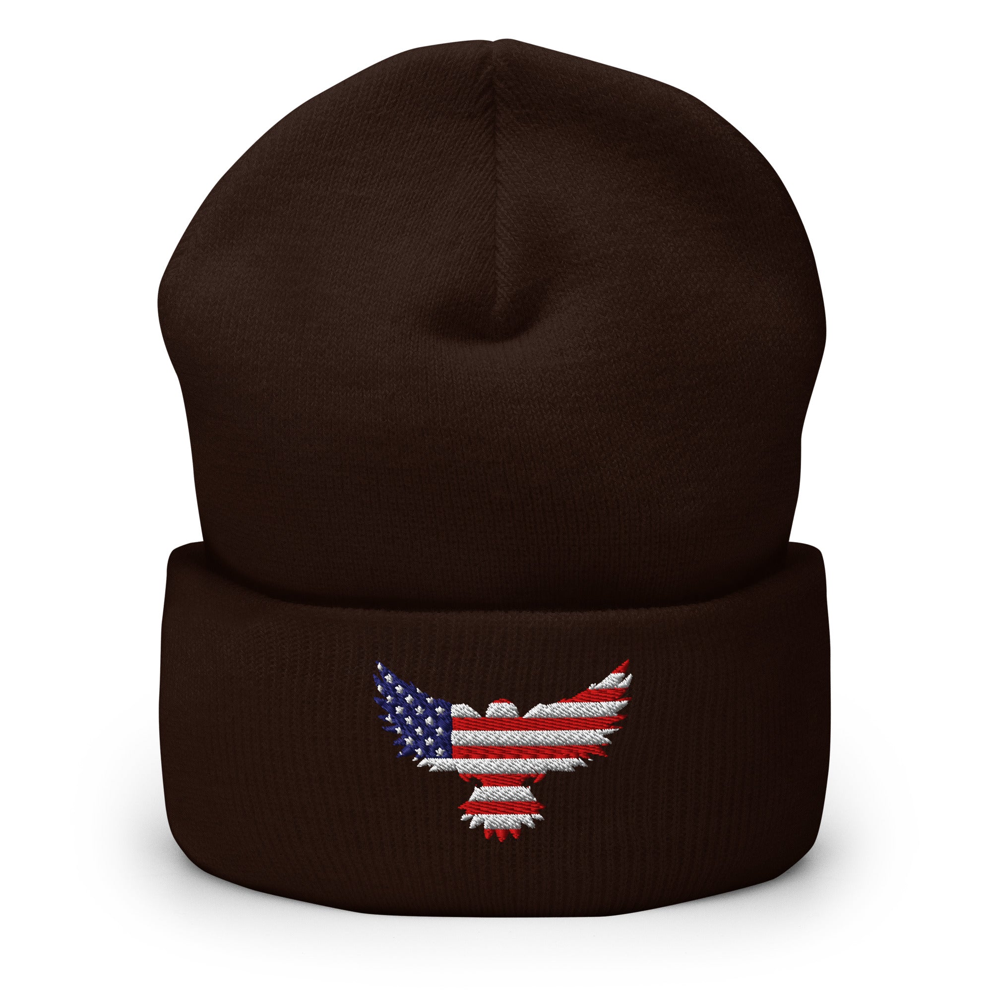 Patriotic Cuffed Beanie with USA Flag (Old Glory) Eagle embroidered into the cuff of the beanie - available in 12 different colors - shown here in brown.