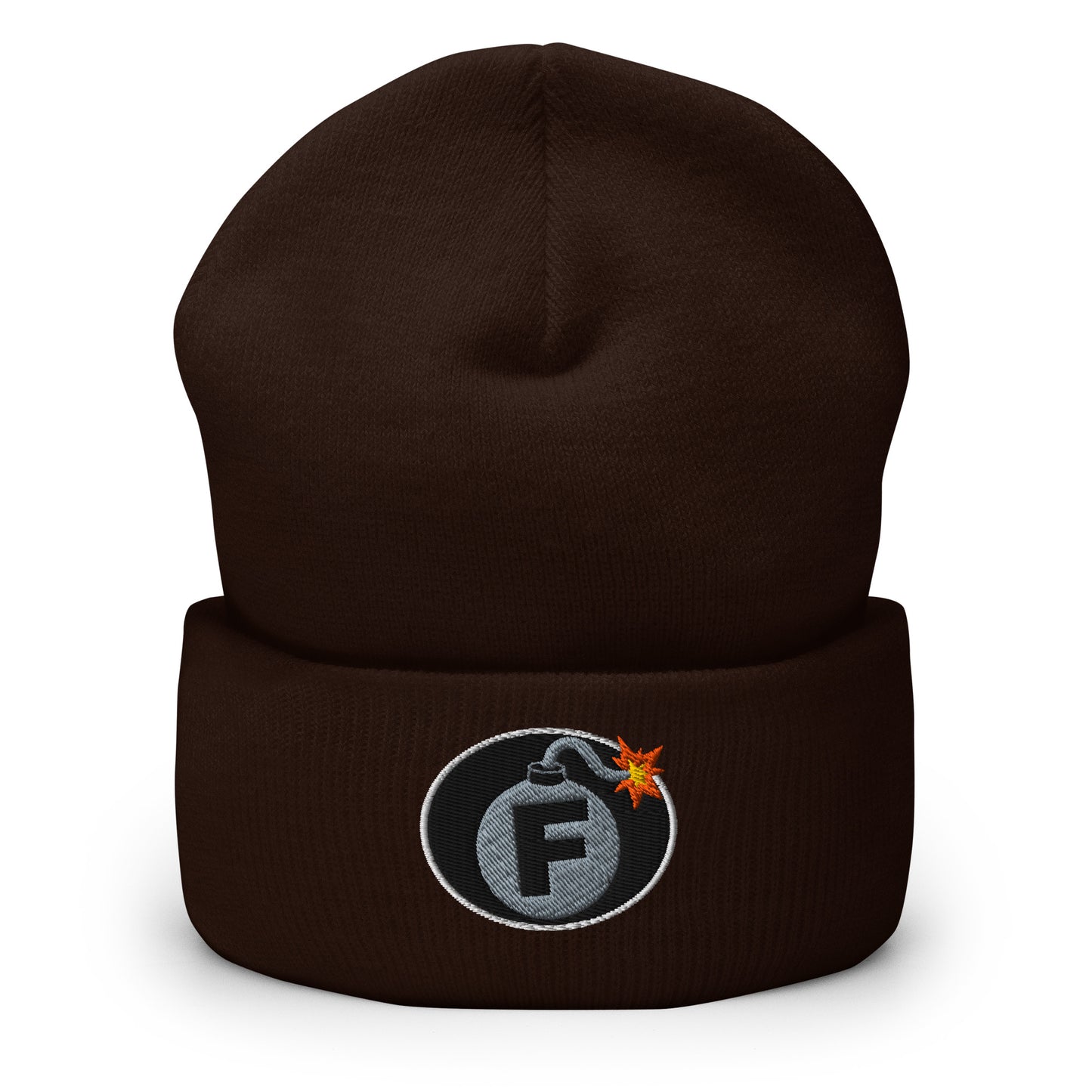 NSFW F-Bomb design is embroidered into this Cuffed Beanie by Infidel Collective - available in 12 colors, shown here in brown.