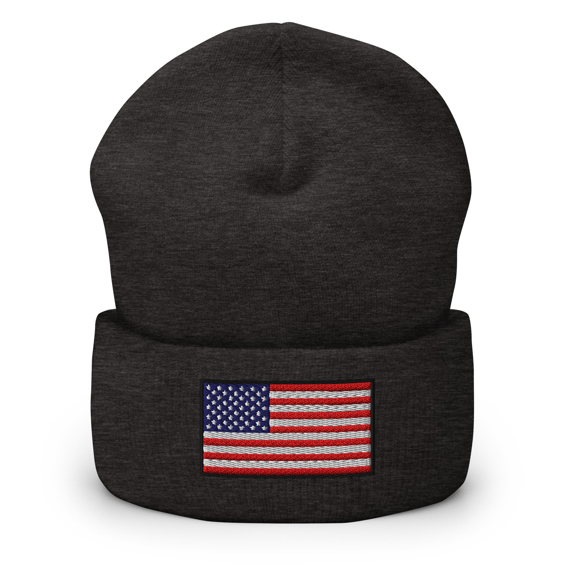 Patriotic Cuffed Beanie with the USA Flag (Old Glory) embroidered into the cuff of the beanie - available in 12 different colors - shown here in gray.