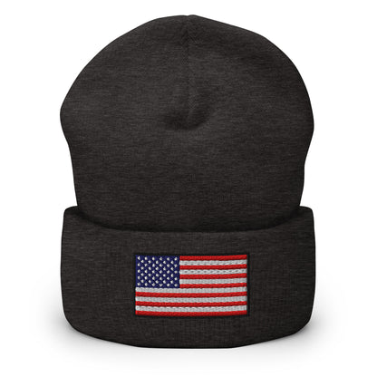 Patriotic Cuffed Beanie with the USA Flag (Old Glory) embroidered into the cuff of the beanie - available in 12 different colors - shown here in gray.