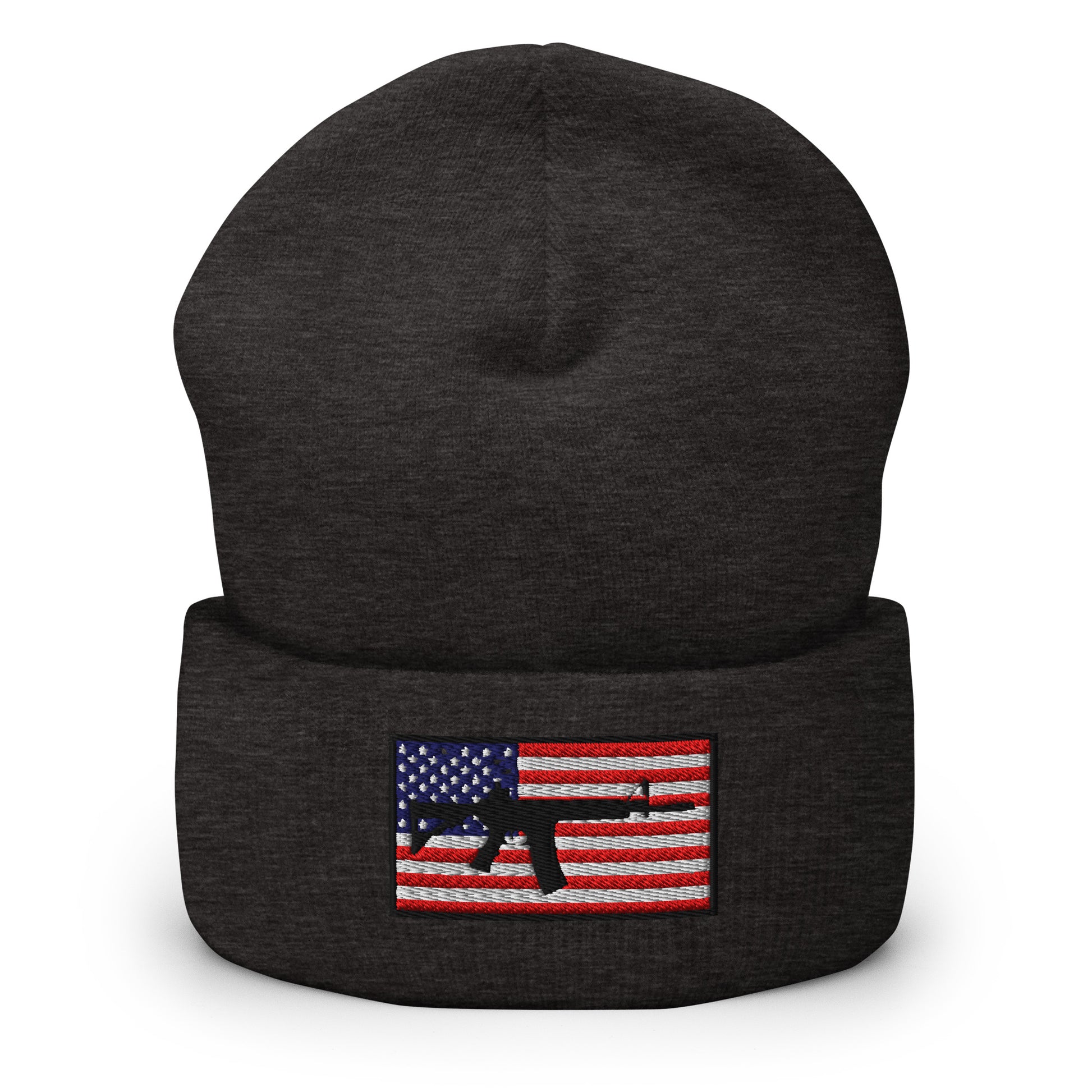 Patriotic AR-15 overlay on the USA Flag (Old Glory), embroidered on a Cuffed Beanie - available in 12 colors, shown here in grey.