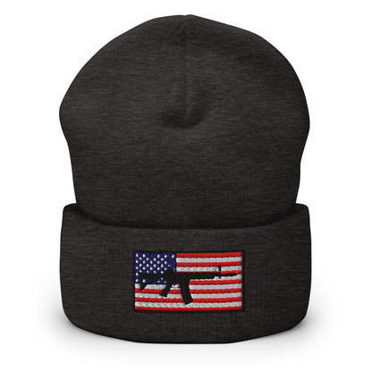 Patriotic AR-15 overlay on the USA Flag (Old Glory), embroidered on a Cuffed Beanie - available in 12 colors, shown here in grey.