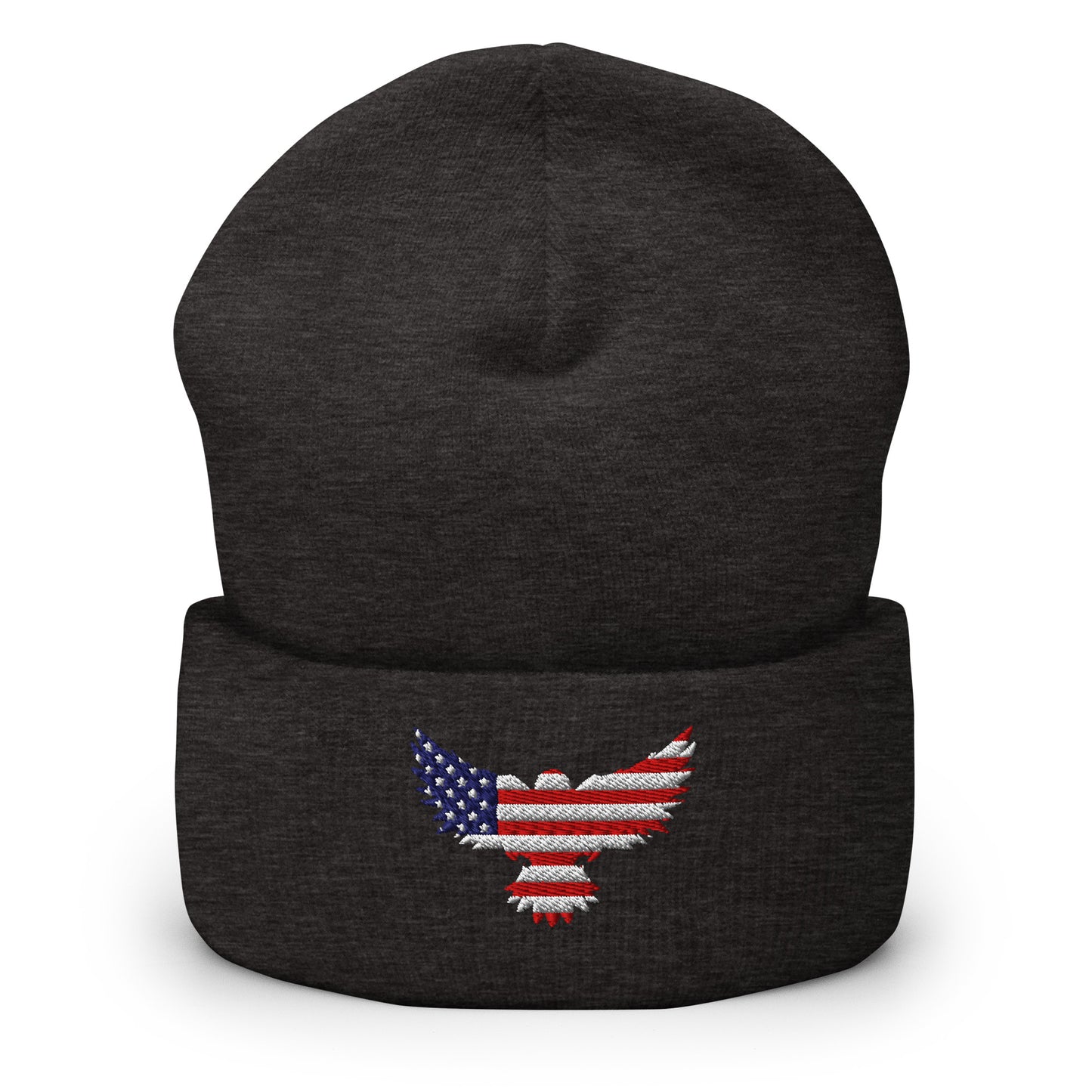 Patriotic Cuffed Beanie with USA Flag (Old Glory) Eagle embroidered into the cuff of the beanie - available in 12 different colors - shown here in grey.