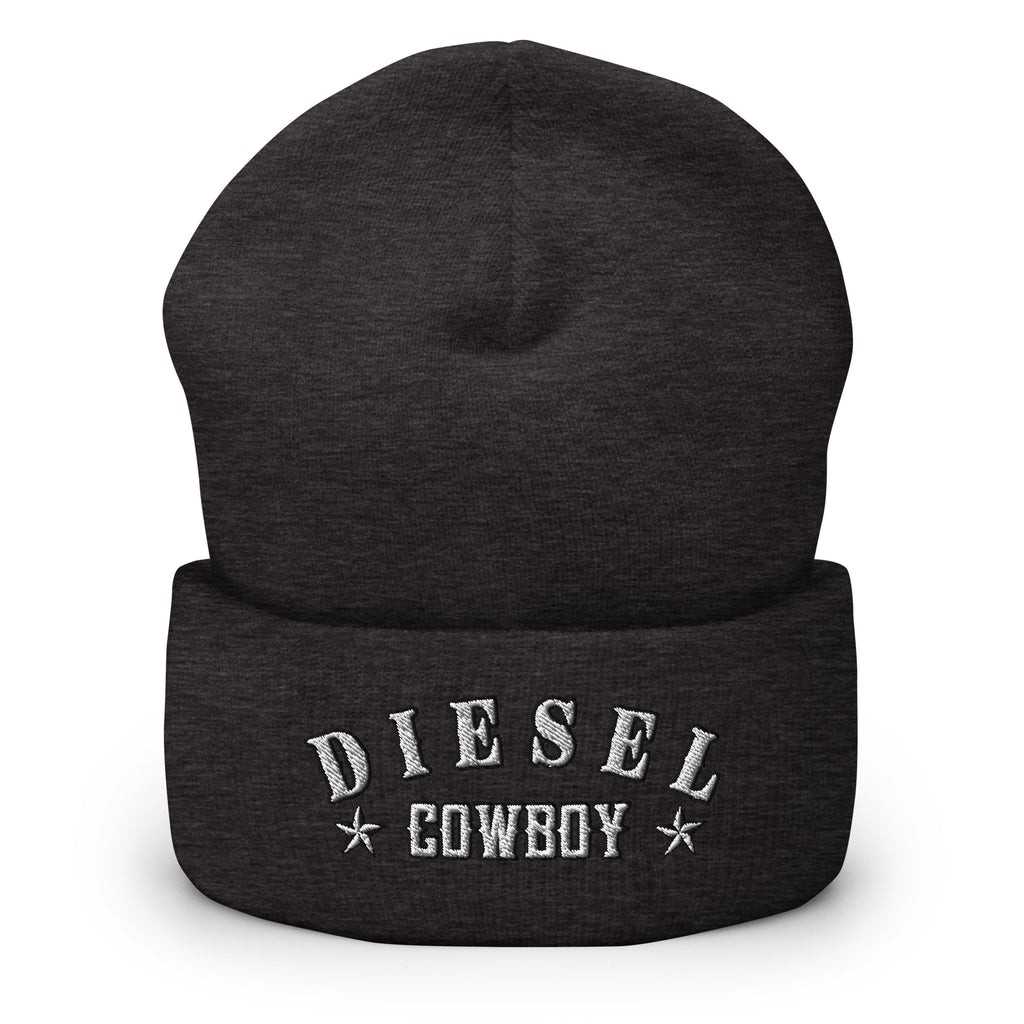 "Diesel Cowboy" embroidered into this cuffed beanie hat by Infidel Collective, available in 12 colors, shown here in grey.