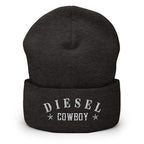 "Diesel Cowboy" embroidered into this cuffed beanie hat by Infidel Collective, available in 12 colors, shown here in grey.