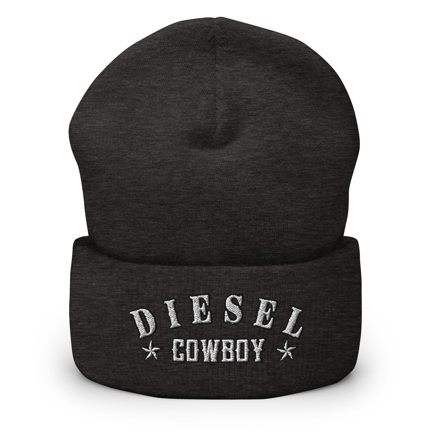"Diesel Cowboy" embroidered into this cuffed beanie hat by Infidel Collective, available in 12 colors, shown here in grey.