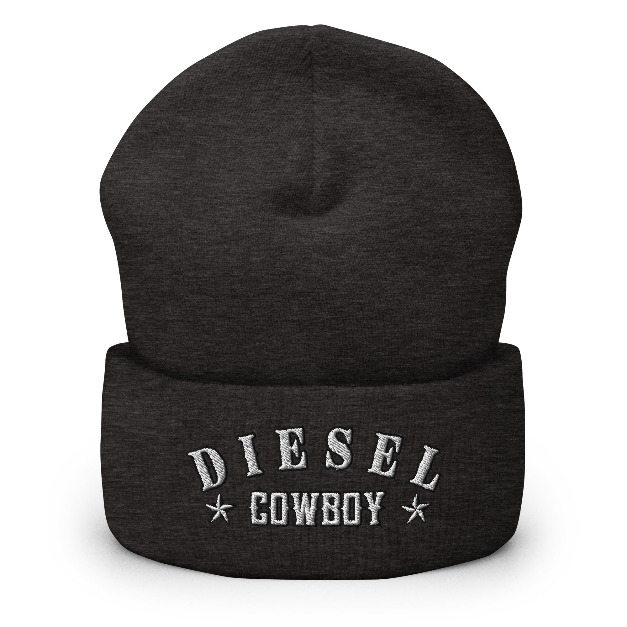 "Diesel Cowboy" embroidered into this cuffed beanie hat by Infidel Collective, available in 12 colors, shown here in grey.