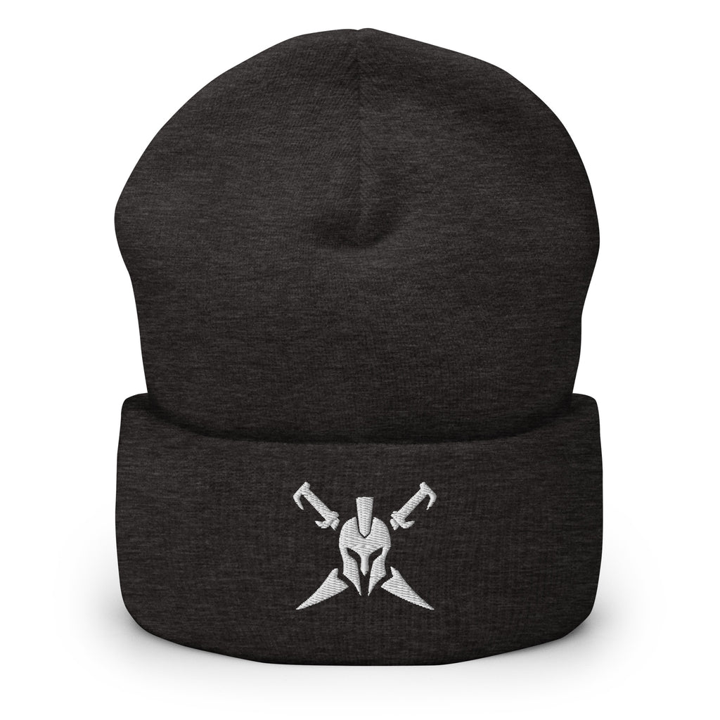 Dark Grey, beanie, with embroidered Call to Arms, front view