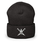 Dark Grey, beanie, with embroidered Call to Arms, front view