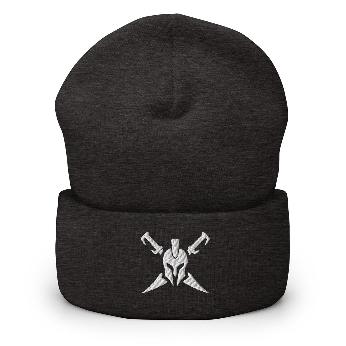 Dark Grey, beanie, with embroidered Call to Arms, front view