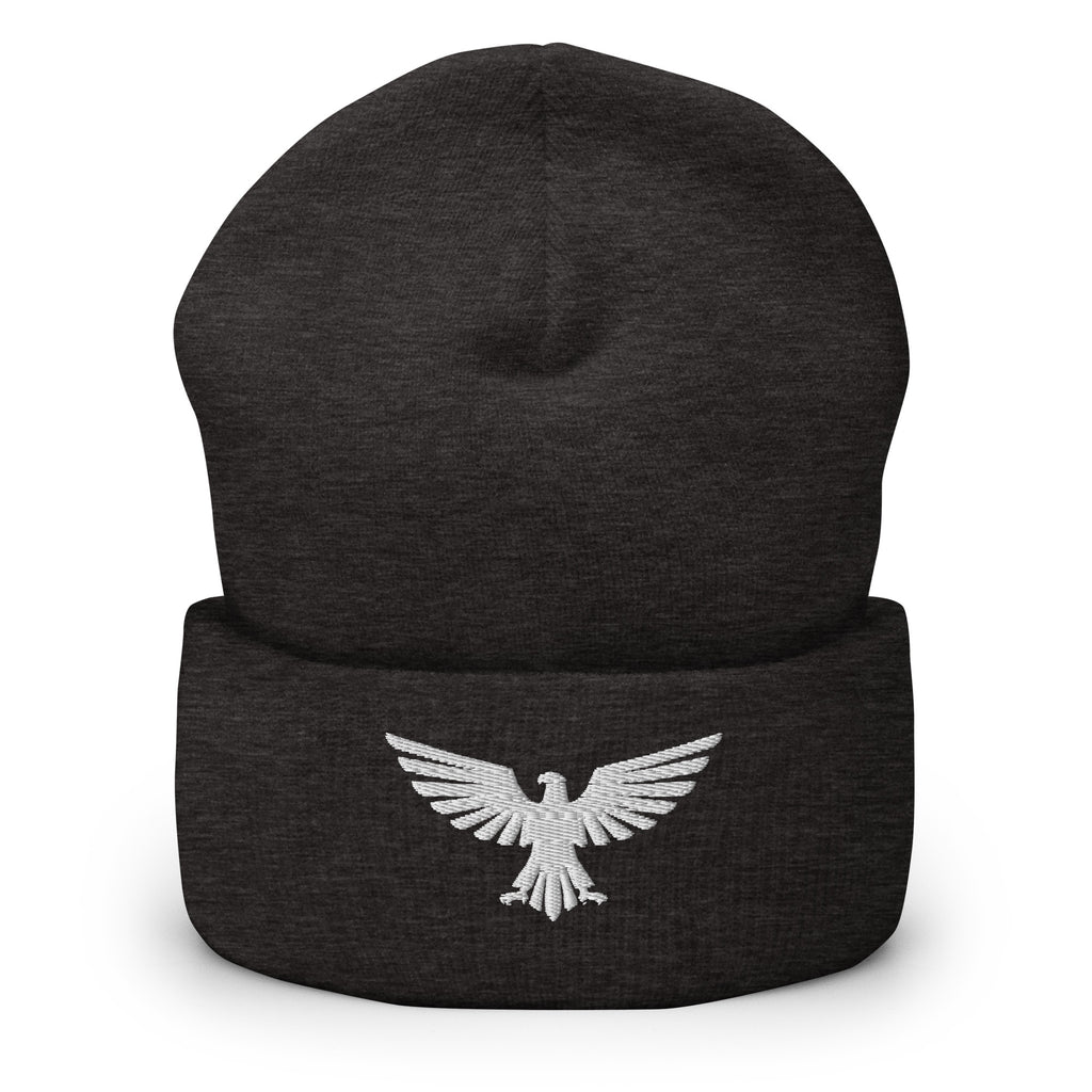 Dark Grey, beanie, with embroidered patriotic eagle crest, front view