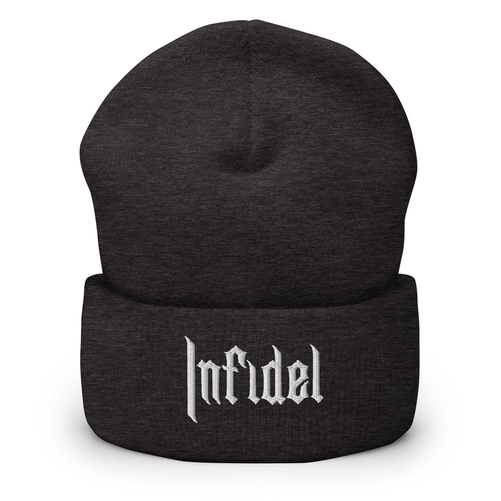 Dark Grey, beanie, with embroidered OG INFIDEL mark, front view