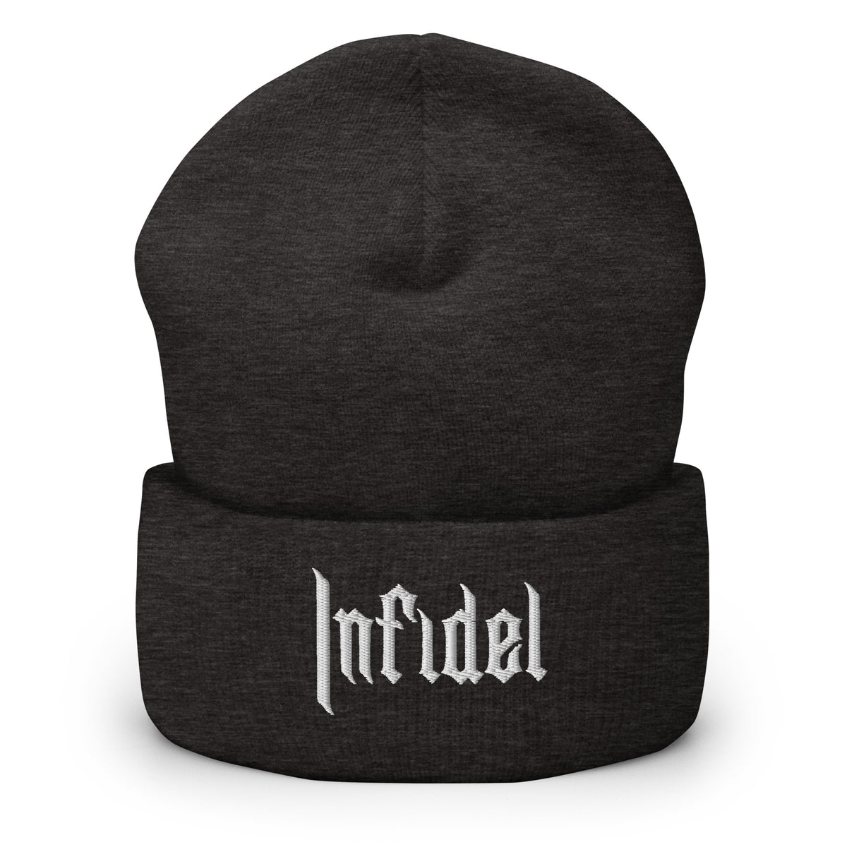 Dark Grey, beanie, with embroidered OG INFIDEL mark, front view