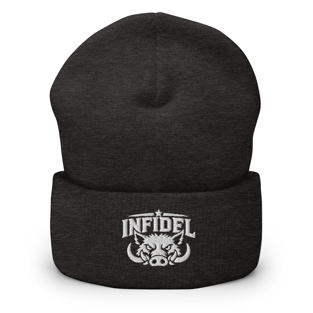 Dark Grey beanie with embroidered INFIDEL War Pig design, front view