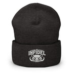 Dark Grey beanie with embroidered INFIDEL War Pig design, front view