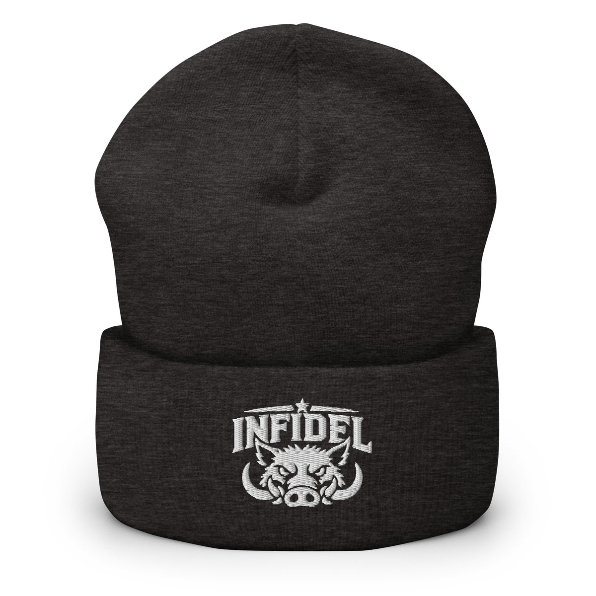 Dark Grey beanie with embroidered INFIDEL War Pig design, front view
