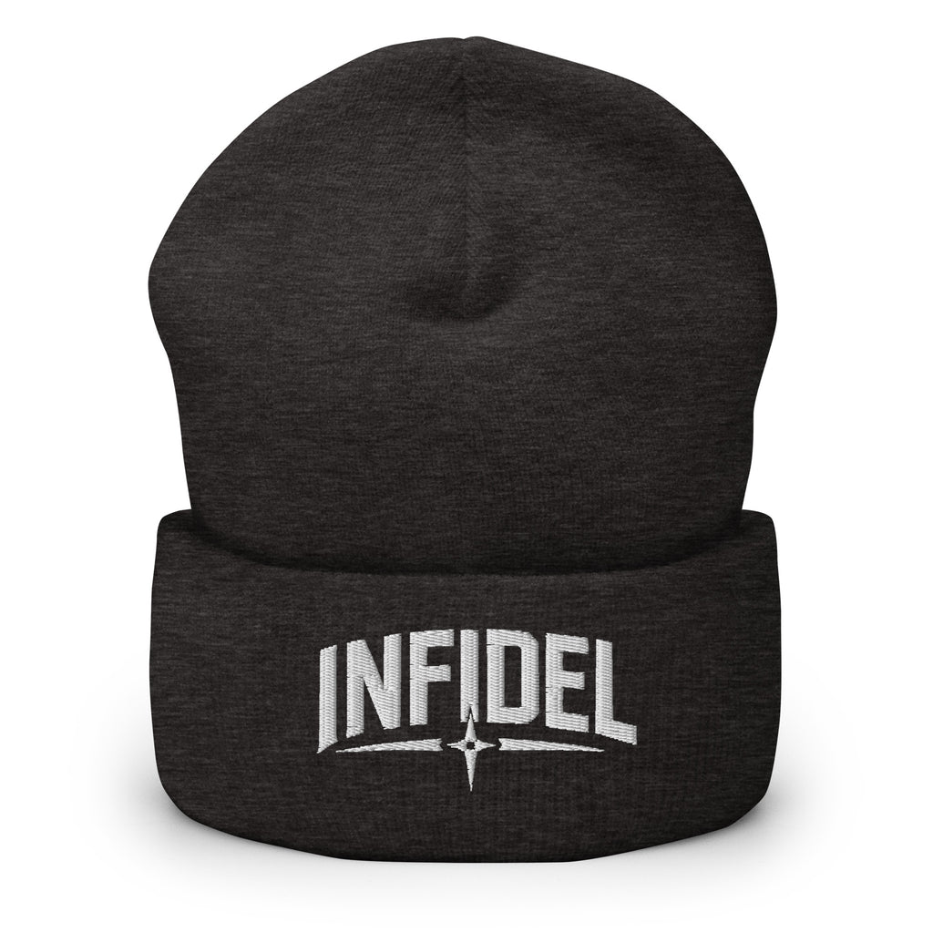 Dark Grey beanie with embroidered Infidel Spike design, front view