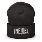 Dark Grey beanie with embroidered Infidel Spike design, front view