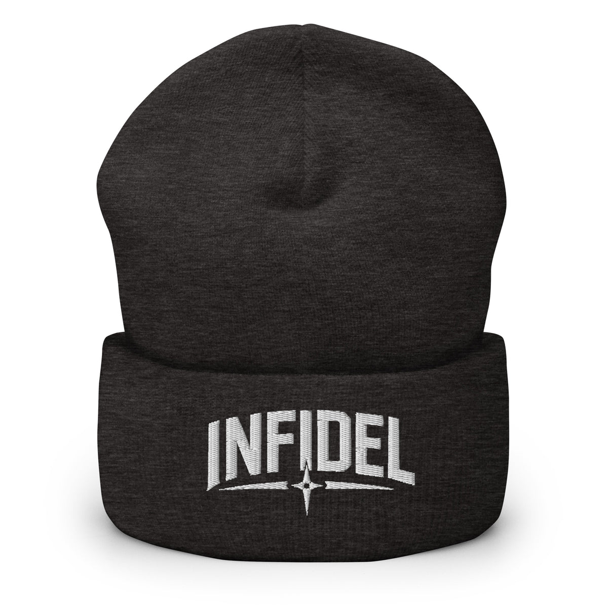 Dark Grey beanie with embroidered Infidel Spike design, front view