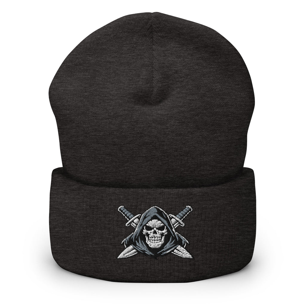 Dark Grey beanie with embroidered Only Fear Infidel reaper design, front view