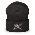 Dark Grey beanie with embroidered Only Fear Infidel reaper design, front view