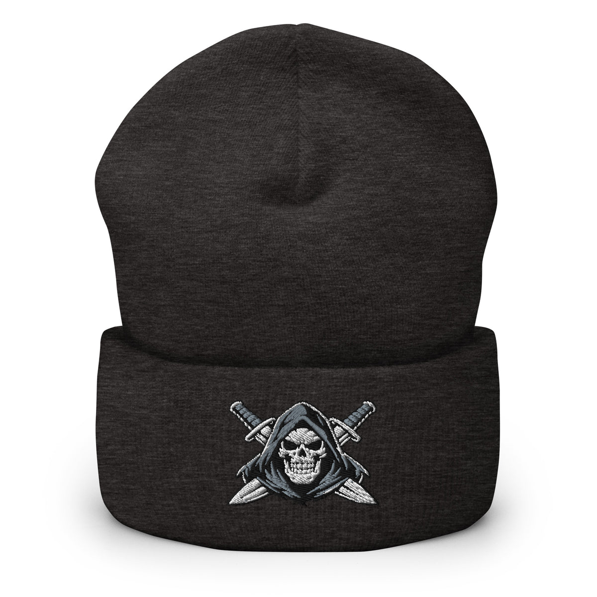 Dark Grey beanie with embroidered Only Fear Infidel reaper design, front view