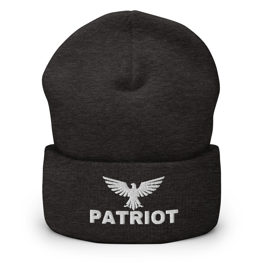 Dark Grey beanie with embroidered Patriot Eagle design, front view