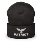 Dark Grey beanie with embroidered Patriot Eagle design, front view