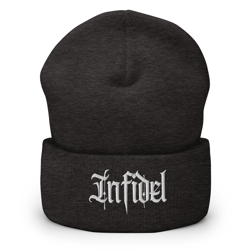 Dark Grey beanie with embroidered Infidel Script design, front view